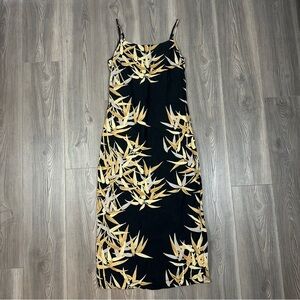Vintage Helline Black‎ Yellow Leaf Print Linen Cotton Midi Dress Size 4